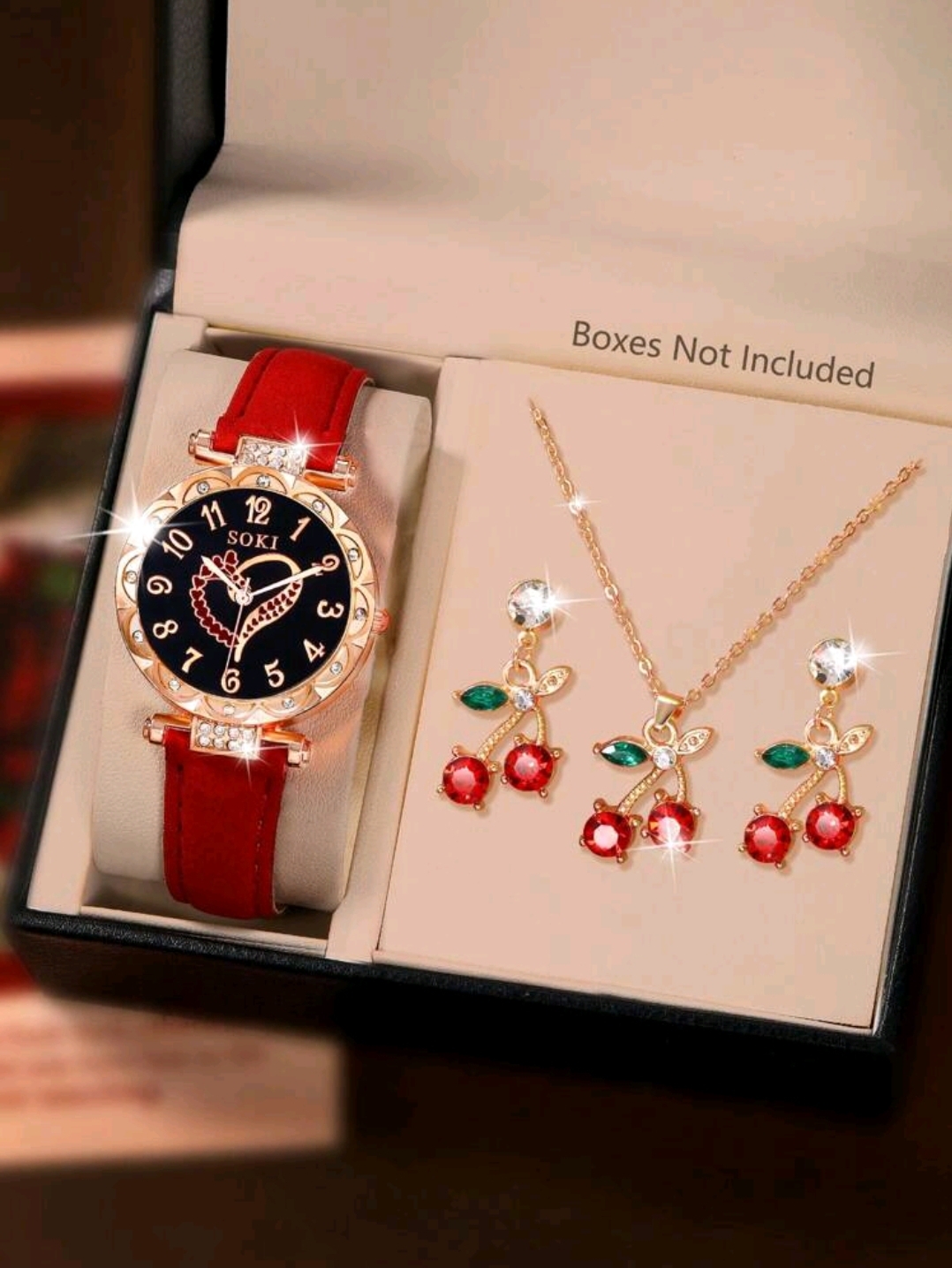 RELOJ DISEÑO ORO CON DIAMANTES CON CADENA Y ARITOS DIAMENTES ROJOS R1